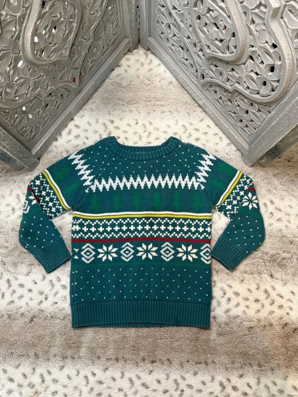 Hanna Andersson green Ugly Christmas Sweater boys 5T snowflakes trees winter